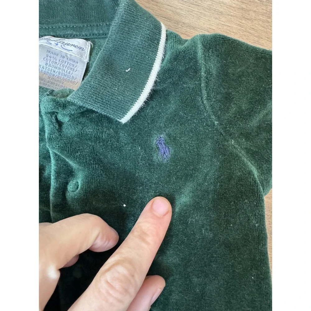 Ralph Lauren Footed Coverall‎ Baby 6M Green Velour Polo Collar Snap One-piece